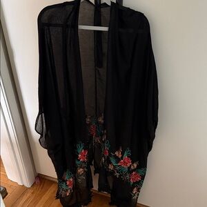 Black Sheer Floral Embroidered Kimono